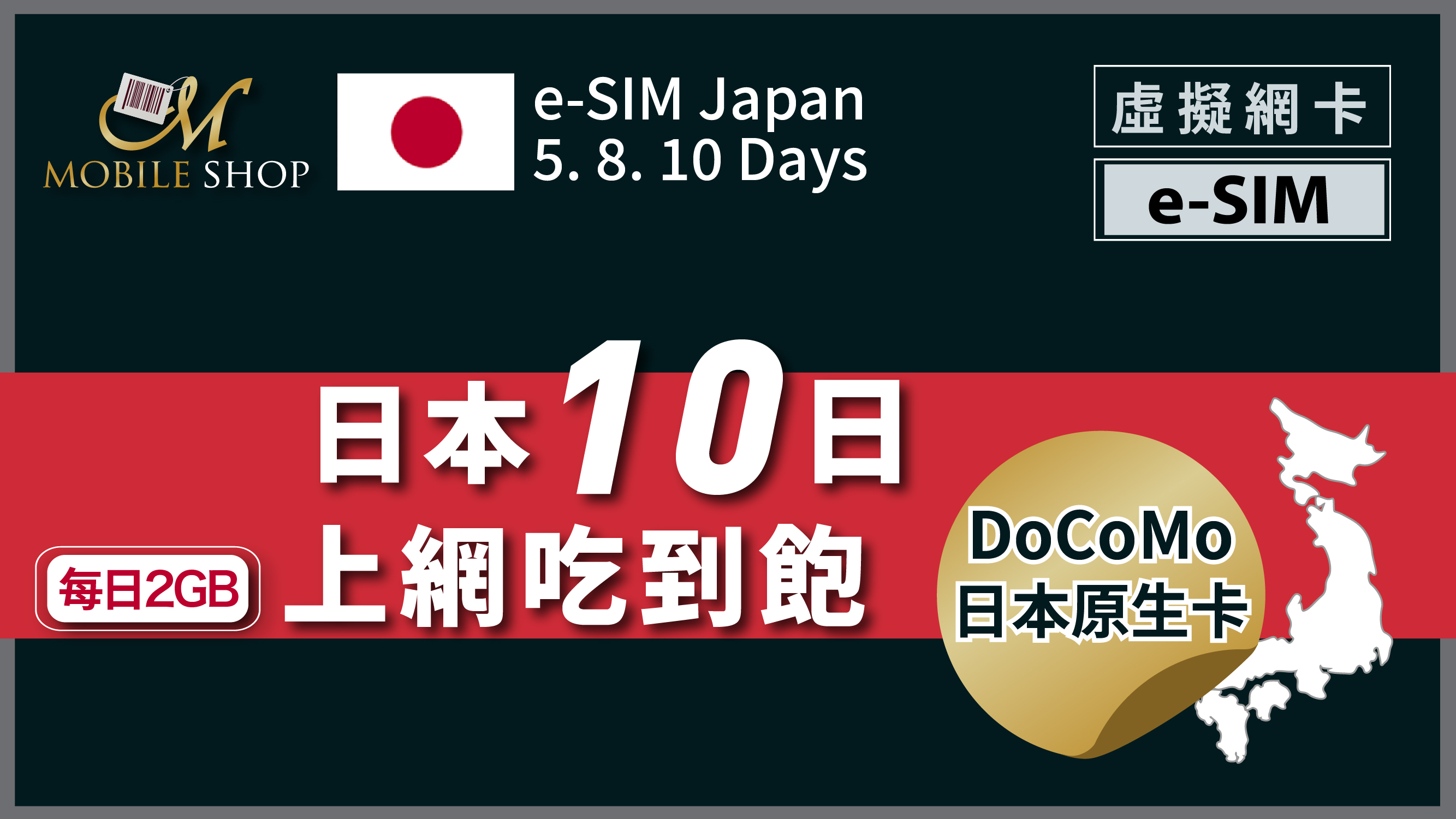 eSIM 日本 10日/每日2GB docomo原生卡
