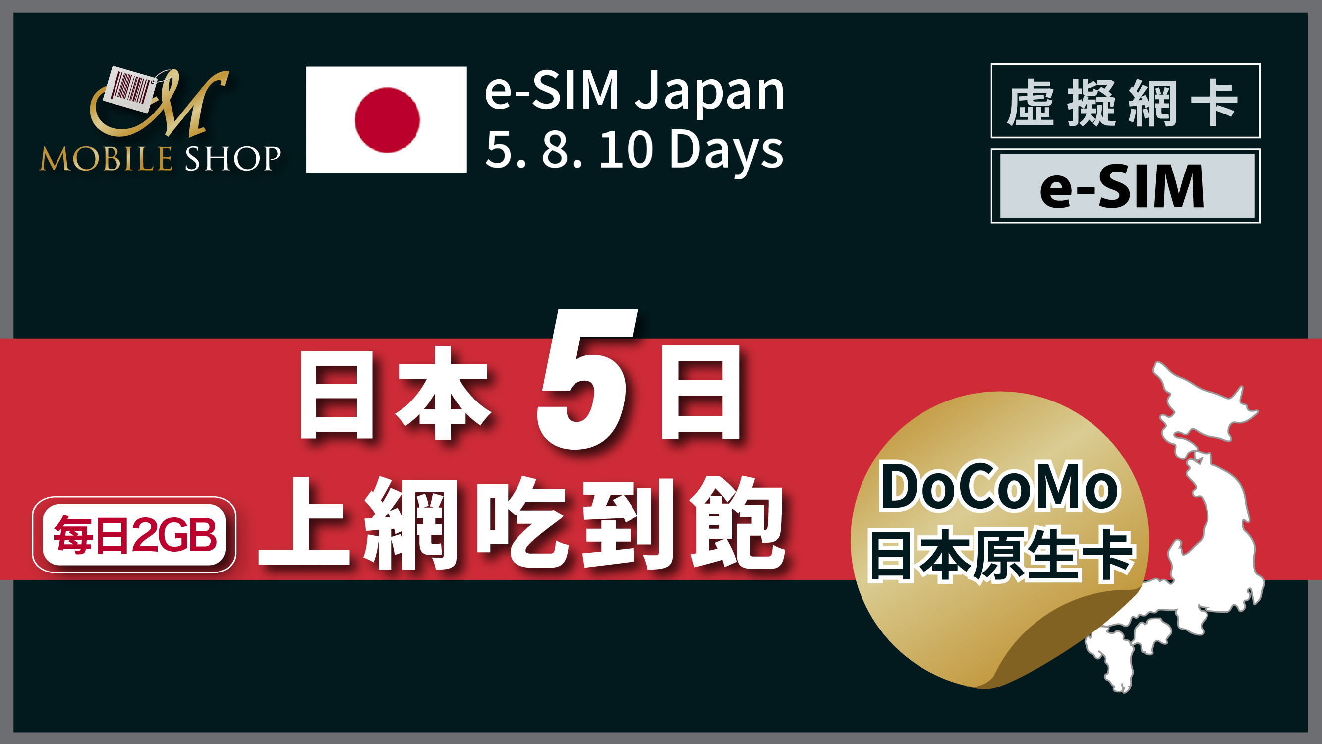 eSIM 日本 5日/每日2GB docomo原生卡